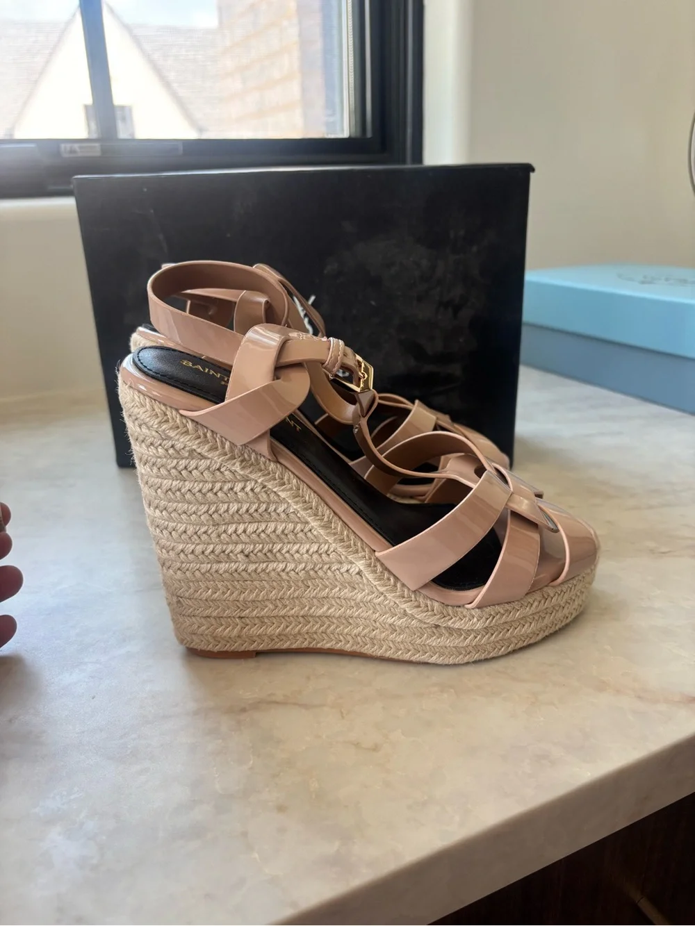 Patent Leather Nude Blush Wedge Sandals with Braided Espadrille Platform